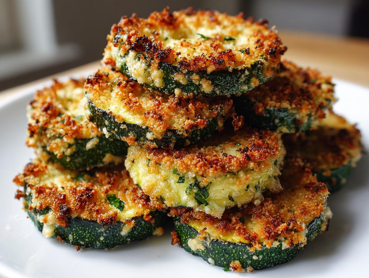 Stack of golden brown, crispy baked parmesan zucchini slices showing a crunchy coating.