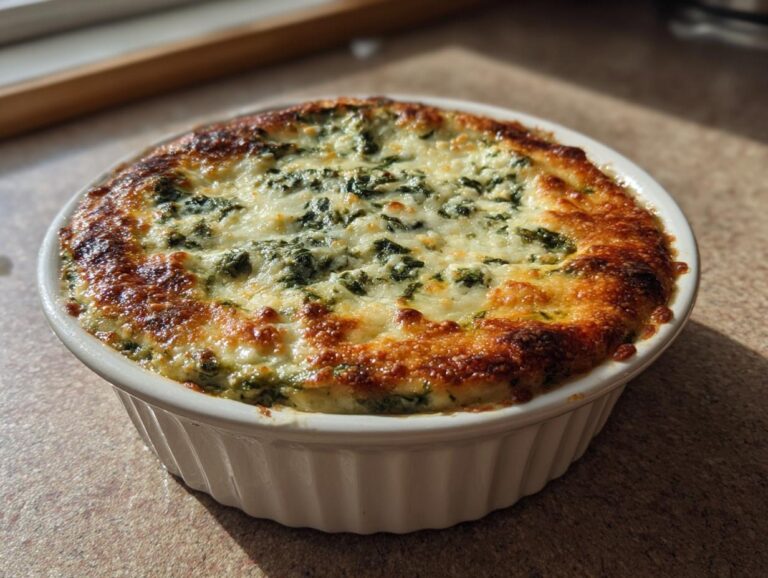 Close-up of hot, baked spinach artichoke dip with a golden-brown, bubbly cheese crust in a white ramekin.