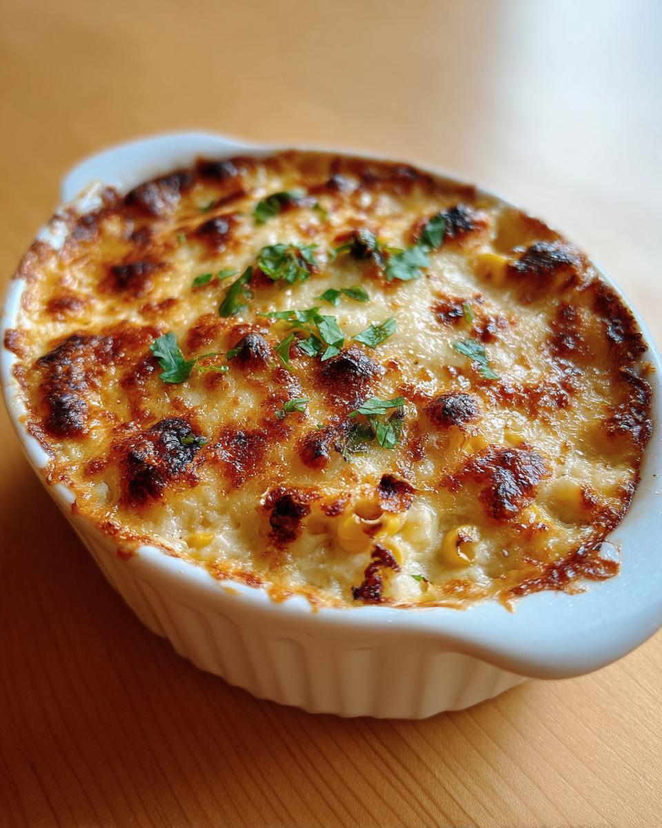 Close-up of hot, baked street corn dip with a bubbly, browned cheese topping and fresh parsley garnish.