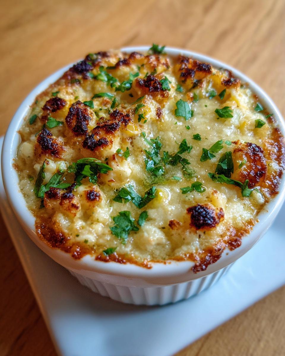 Close-up of hot, cheesy street corn dip baked to a golden brown in a white ramekin, topped with fresh parsley.