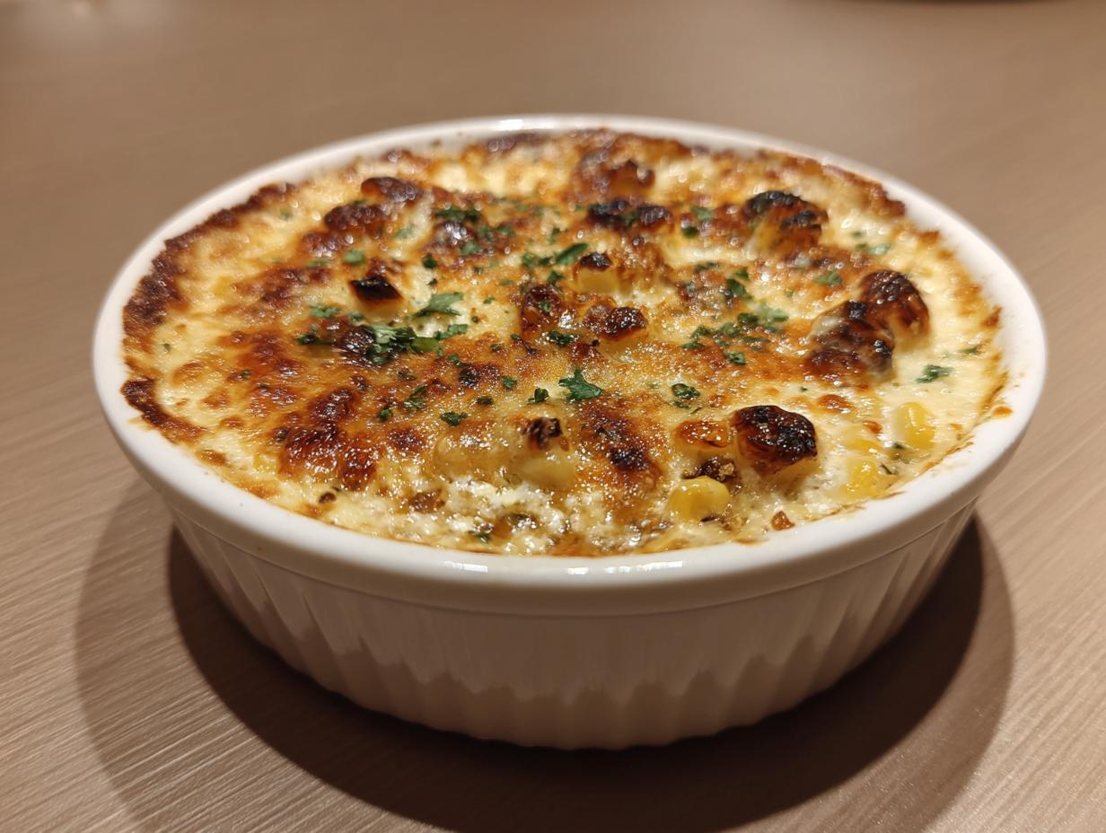 Close-up of a bubbling, baked street corn dip in a white ramekin with a golden, cheesy crust.