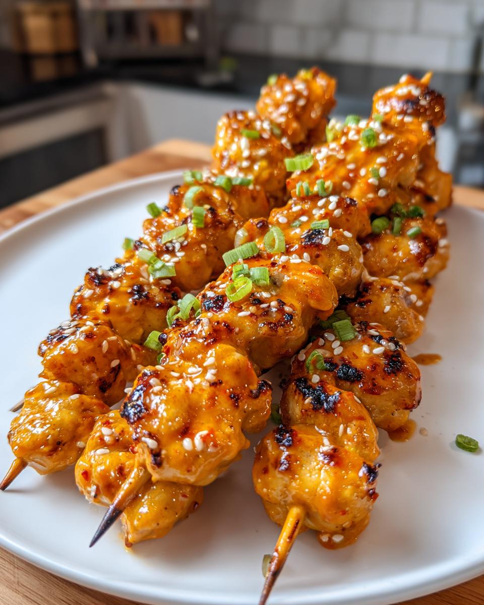 Close-up of several glazed bang bang chicken skewers topped with sesame seeds and chopped green onions.