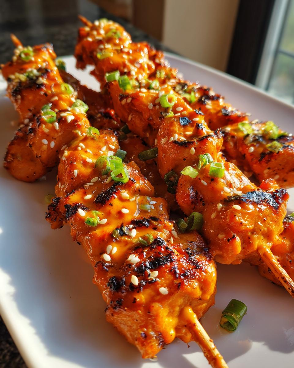 Close-up of grilled bang bang chicken skewers coated in orange sauce, topped with sesame seeds and green onions.