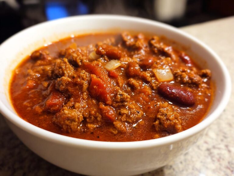Close-up of a steaming white bowl filled with the best chili recipe, showing ground meat, kidney beans, and rich red sauce.