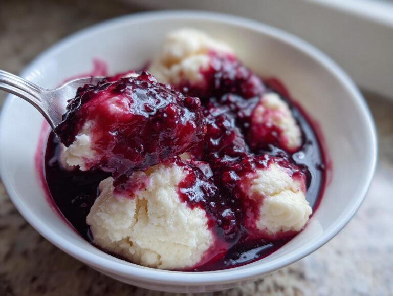 A spoonful of fluffy white Blackberry Dumplings covered in a rich, dark purple blackberry sauce being lifted from a white bowl.