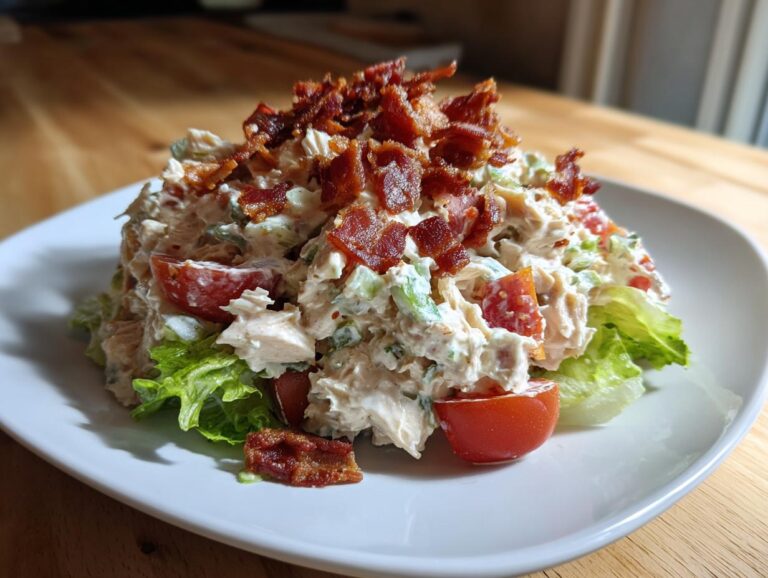 A mound of creamy blt chicken salad mixed with tomatoes and celery, served over lettuce and topped with crispy bacon bits.