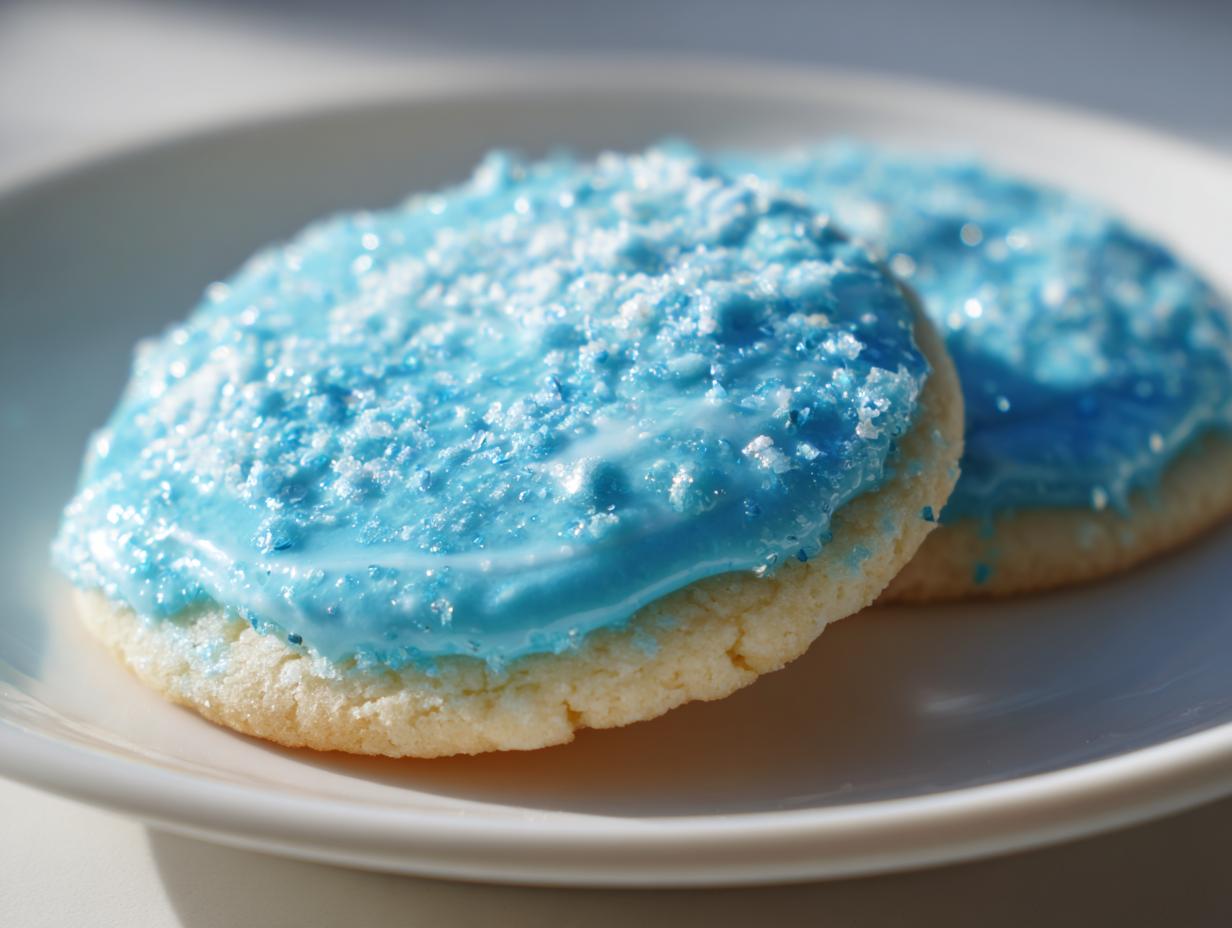 Close-up of two sugar cookies topped with bright blue icing and coarse sugar sprinkles, showcasing the amazing sugar cookie icing recipe.