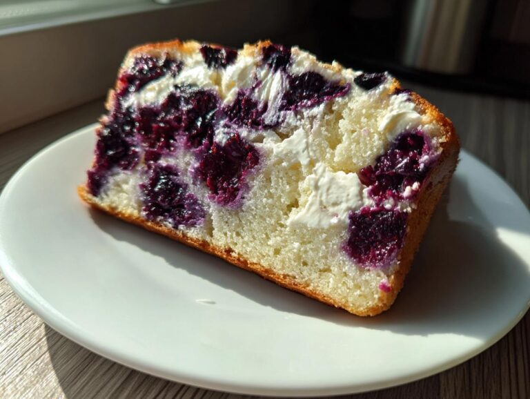 A close-up slice of moist Blueberry Cream Cheese Bread showing swirls of purple blueberries and white cream cheese filling.