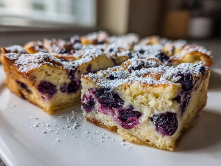 Close-up of thick slices of Blueberry French Toast Casserole topped generously with powdered sugar on a white plate.
