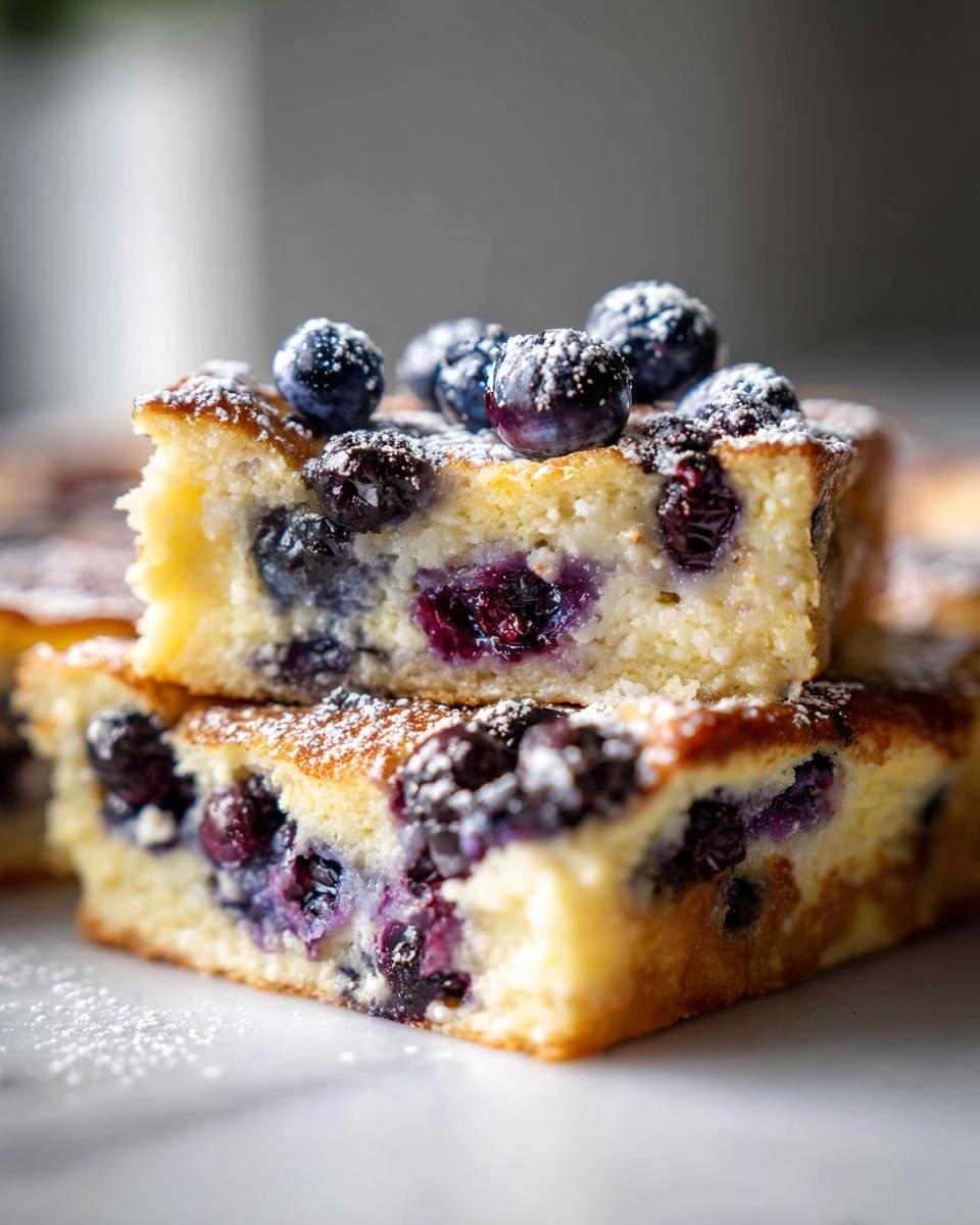 Two stacked squares of moist Blueberry French Toast Casserole dusted with powdered sugar and topped with fresh blueberries.