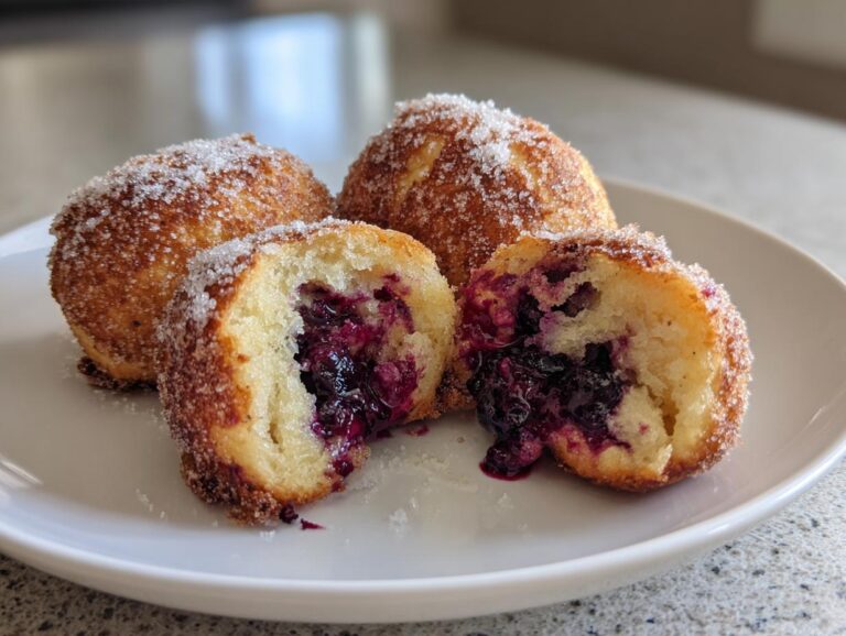Four golden, sugar-coated Blueberry Pie Bombs on a white plate, one cut open to show the gooey blueberry filling.