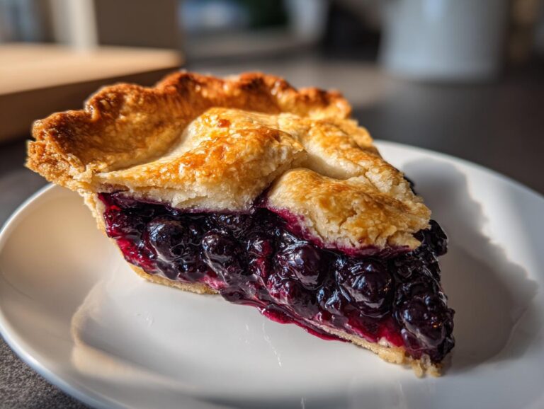 Close-up of a perfect slice of blueberry pie recipe showing glistening, dark blueberry filling and flaky golden crust.