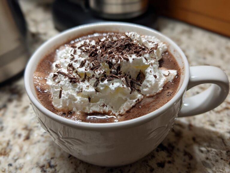 Close-up of a white mug filled with rich boozy hot chocolate topped with whipped cream and chocolate shavings.