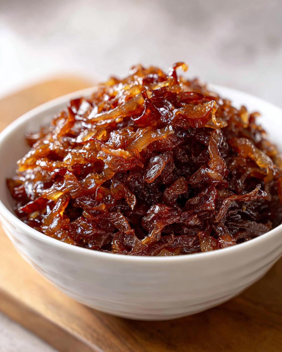 A close-up of a white bowl filled with rich, dark brown caramelized onions.