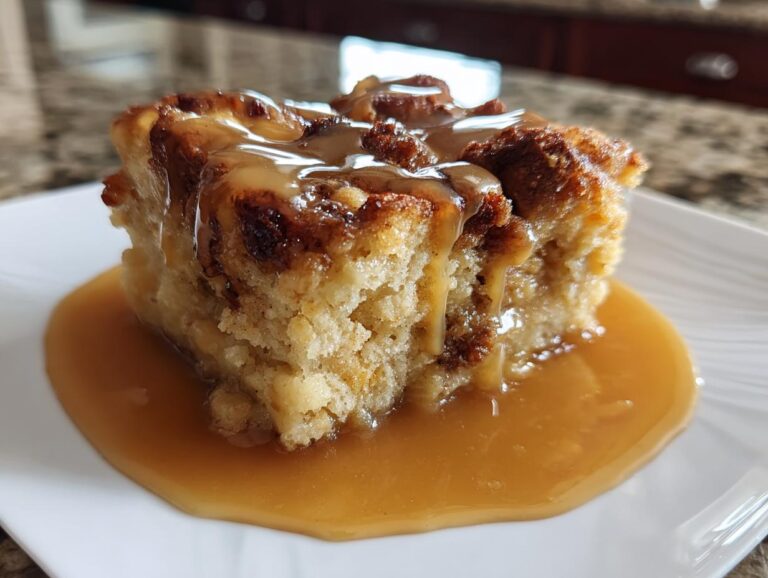 A generous square of moist bread pudding with bourbon sauce drizzled over the top and pooled on the white plate.