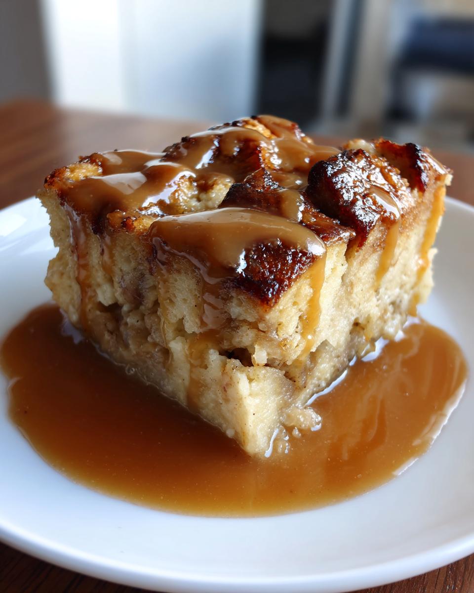 A close-up of a square slice of bread pudding with bourbon sauce generously drizzled over the top and pooled on the white plate.
