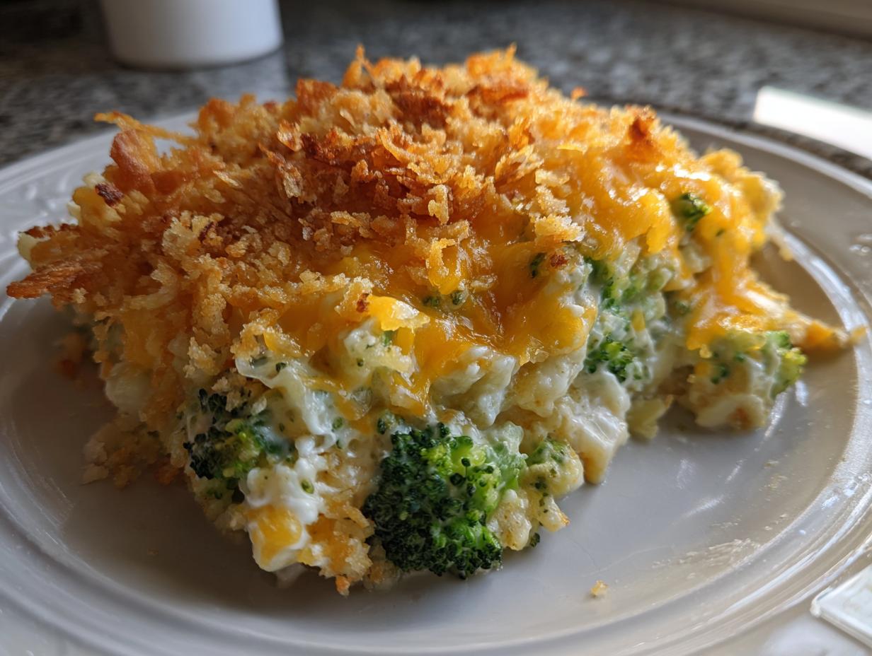A close-up of a serving of broccoli cauliflower casserole with a creamy sauce, topped with melted cheddar cheese and crispy breadcrumbs.