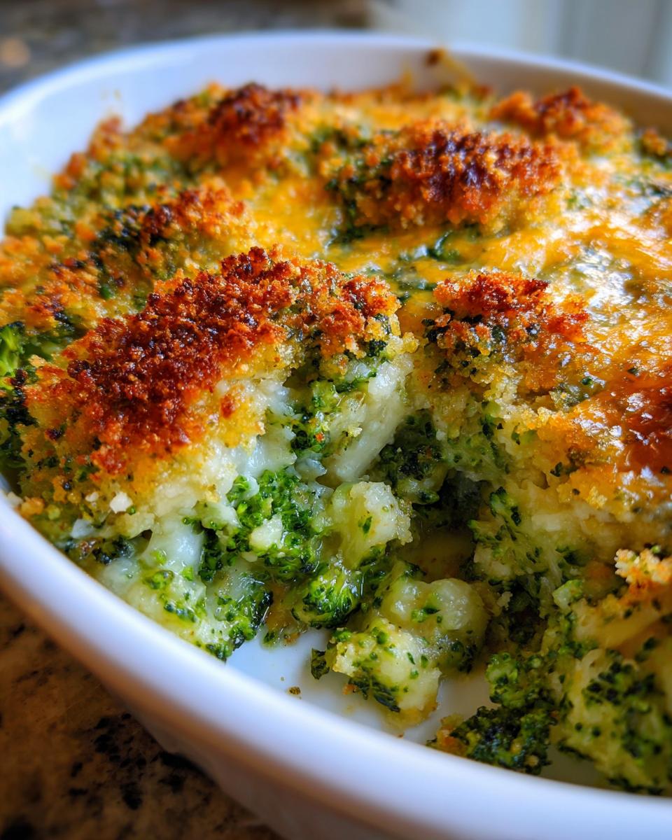 Close-up of a creamy broccoli cauliflower casserole with a rich, golden-brown, crunchy breadcrumb topping.