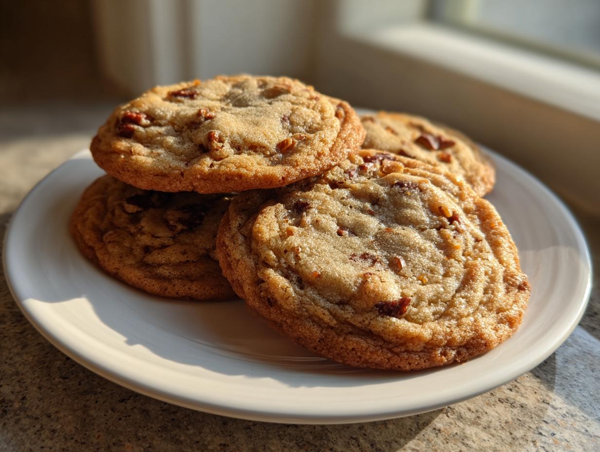 A stack of four golden brown butter pecan cookies resting on a white plate, illuminated by natural window light.