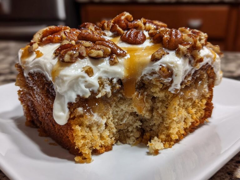 Close-up of a moist slice of butter pecan praline poke cake topped with white frosting, caramel drizzle, and candied pecans.