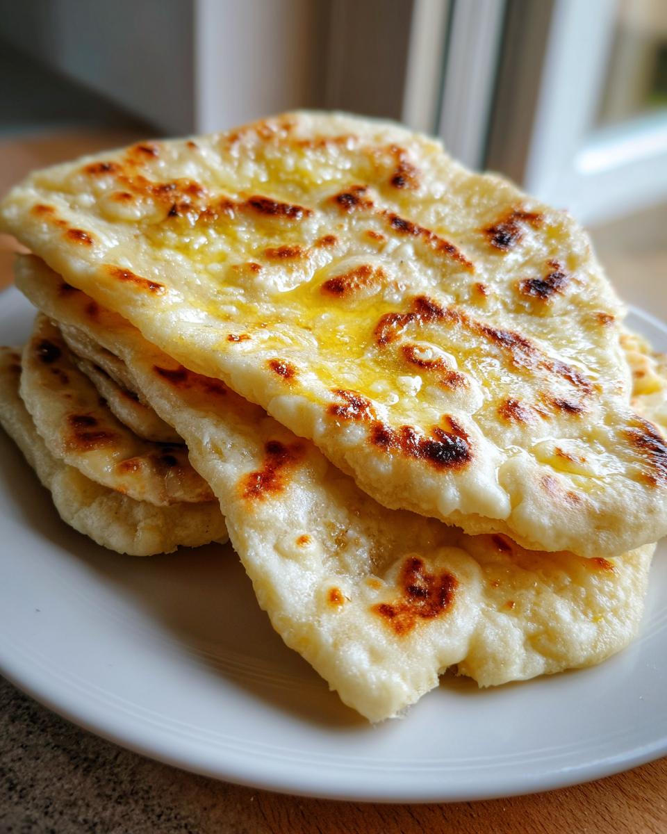 A stack of freshly made, buttery homemade naan bread with charred spots, resting on a white plate.