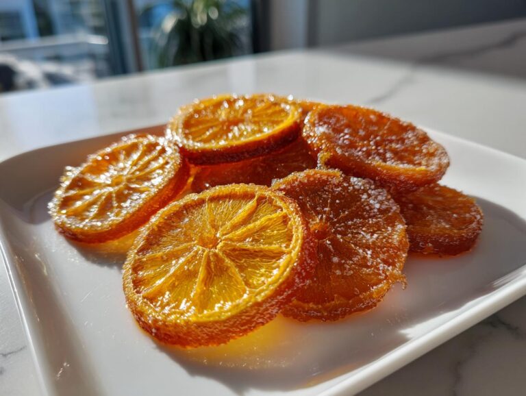 A pile of glistening, translucent candied orange slices dusted with sugar on a white plate.