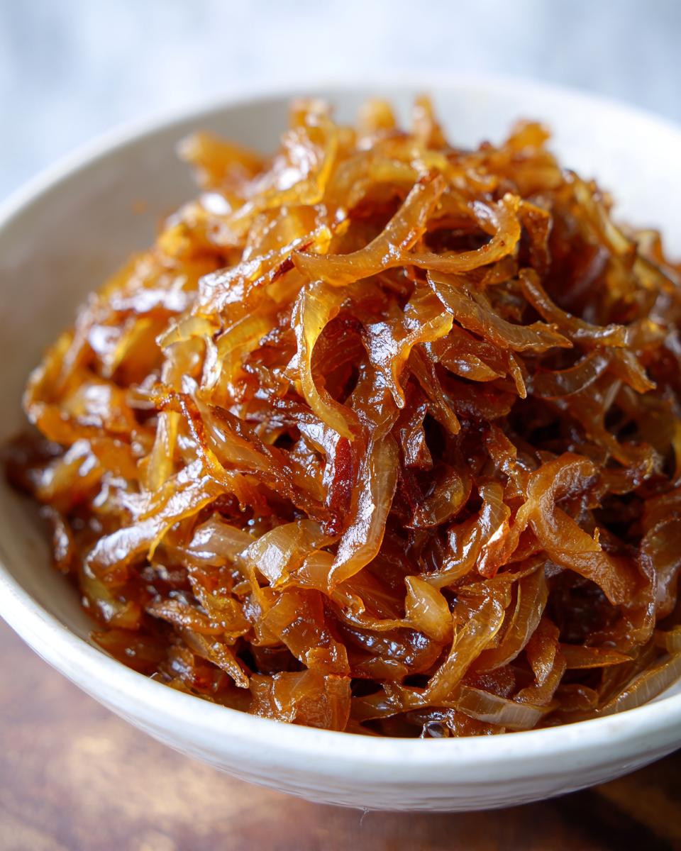 Close-up of a white bowl filled with rich, dark brown caramelized onions, ready to use.