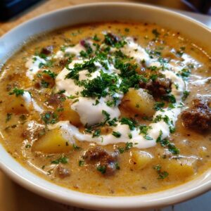 Close-up of a hearty bowl of cheeseburger soup recipe, featuring ground beef, potatoes, and a dollop of sour cream topped with fresh parsley.