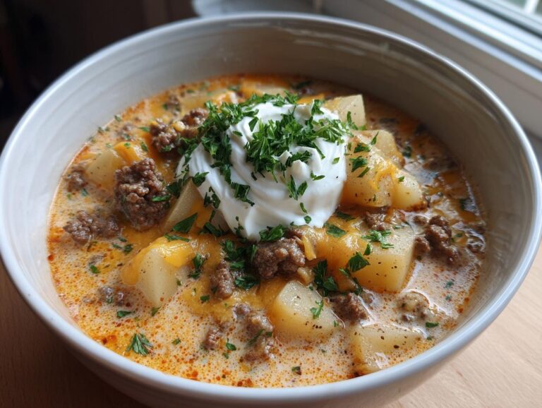 A close-up of a bowl of creamy cheeseburger soup recipe, topped with sour cream and parsley.