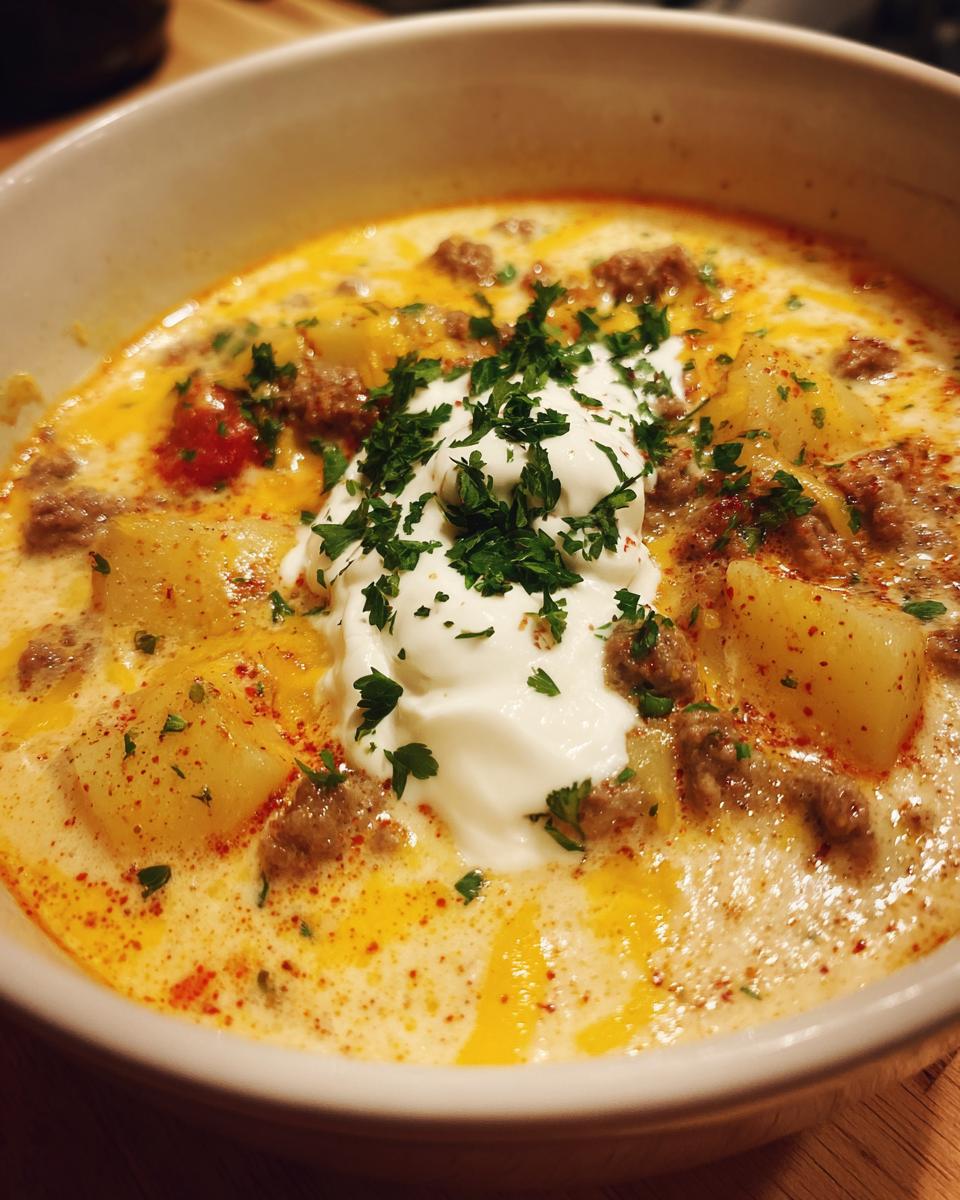 Close-up of a rich cheeseburger soup recipe bowl, featuring ground beef, potatoes, cheese sauce, and a dollop of sour cream.