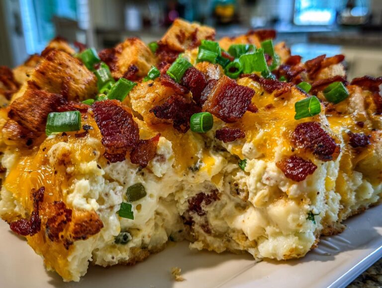 A close-up serving of creamy baked potato casserole topped with melted cheddar, crispy bacon bits, and fresh green onions.