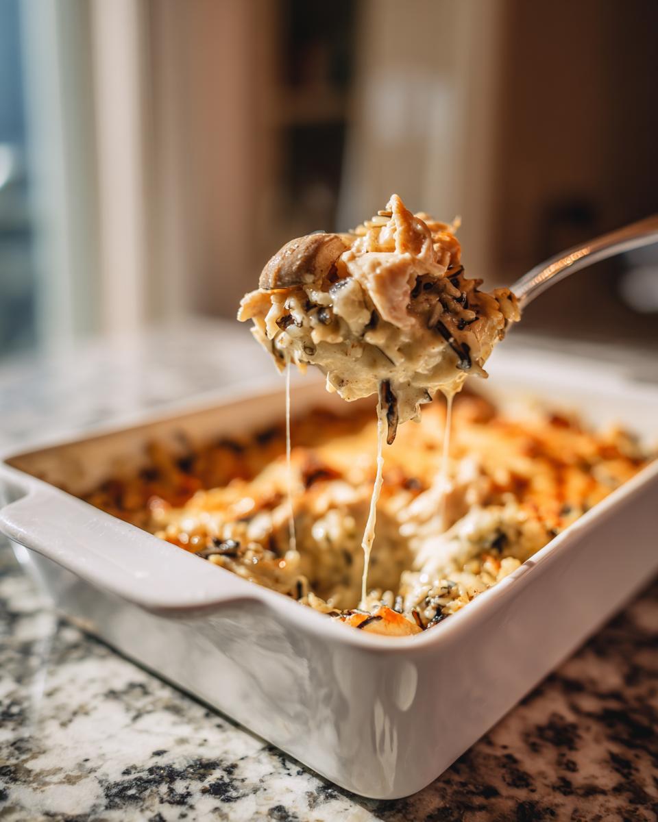 A spoonful of creamy chicken and wild rice bake being lifted from a white casserole dish, showing cheese pull.