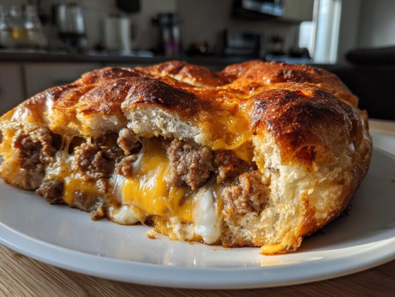 A close-up of cheesy garbage bread, showing the melted cheese and seasoned ground meat filling oozing out of the golden-brown crust.