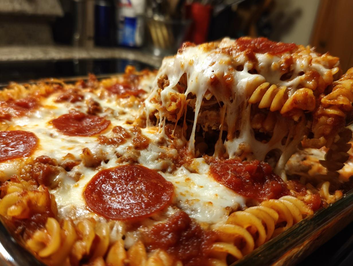 A serving spoon lifts a cheesy, saucy portion of pizza pasta bake, showing melted mozzarella strings.