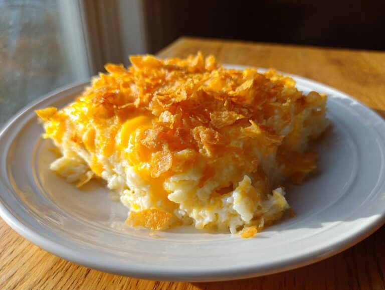 A serving of cheesy potato casserole topped with melted cheddar and crunchy cornflakes on a white plate.