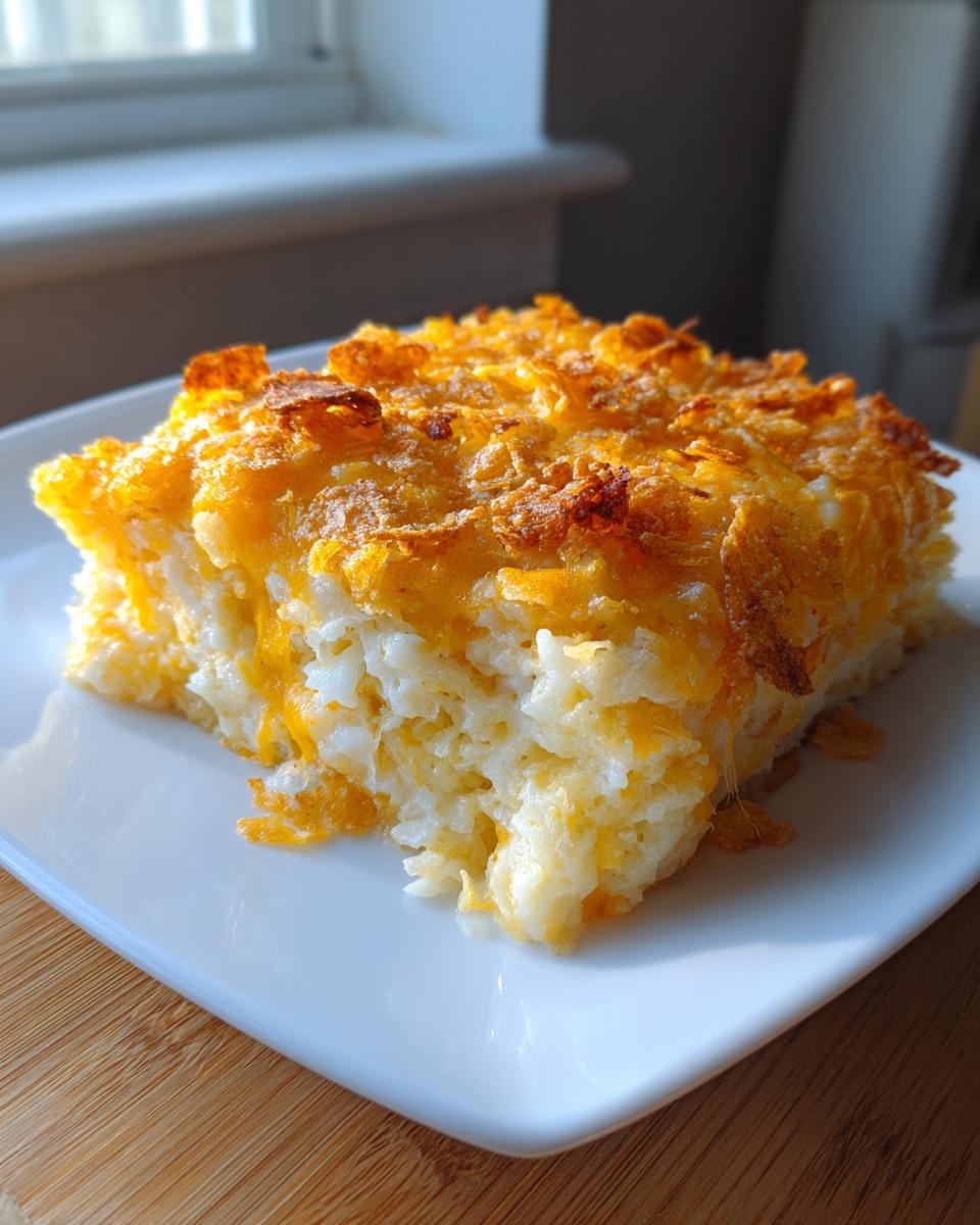 A square serving of cheesy potato casserole with a golden, crunchy topping on a white plate.