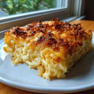 A square serving of creamy, cheesy potato casserole with a golden, crispy topping on a white plate.