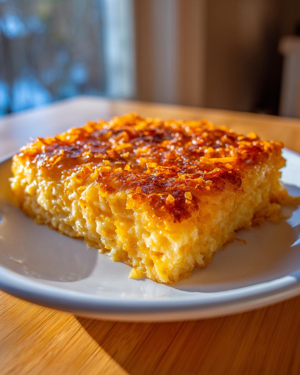 A square serving of cheesy potato casserole with a deeply golden, baked top crust, served on a white plate.