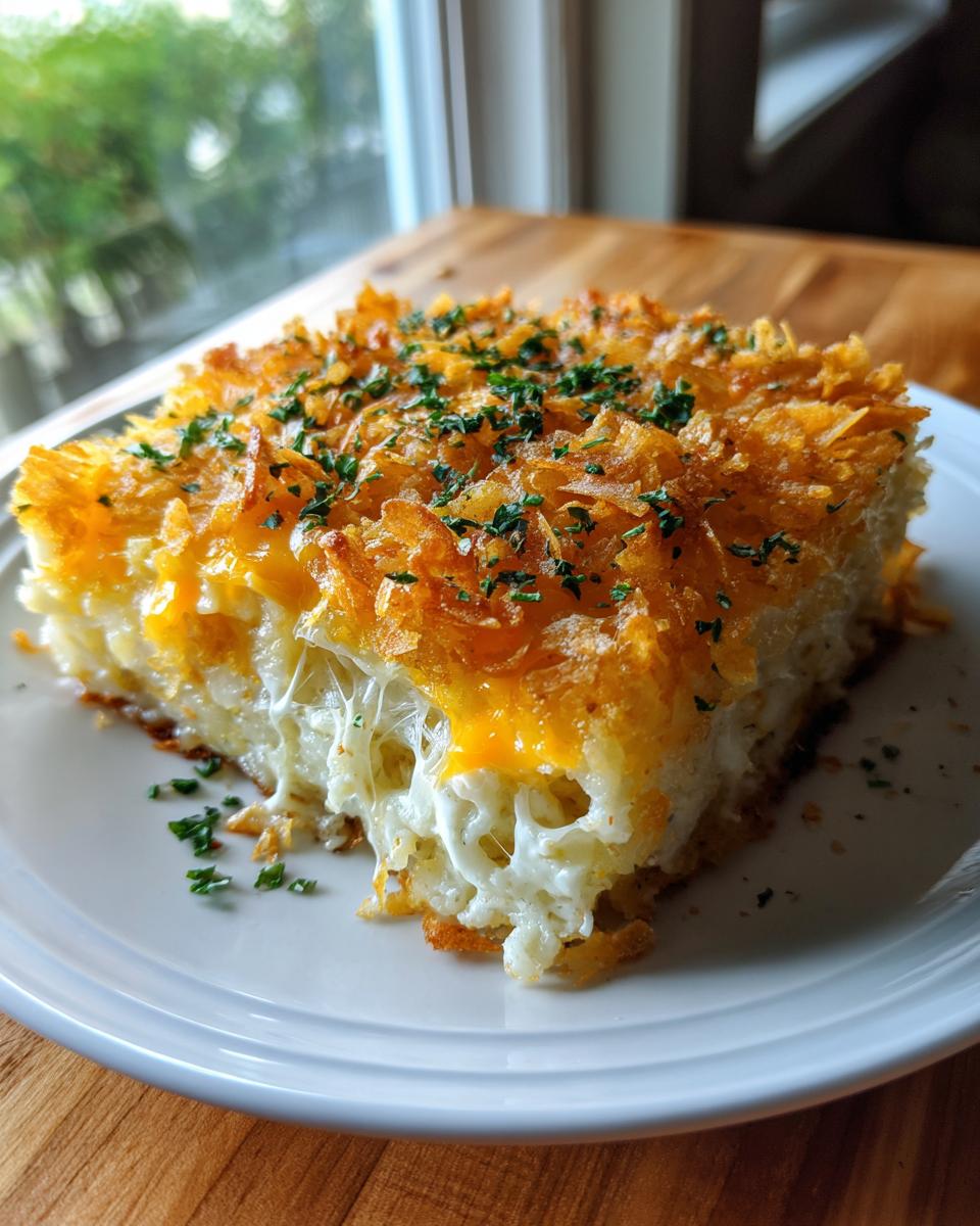 A square serving of cheesy potato casserole showing melted, stringy cheese and a golden, crispy topping garnished with parsley.