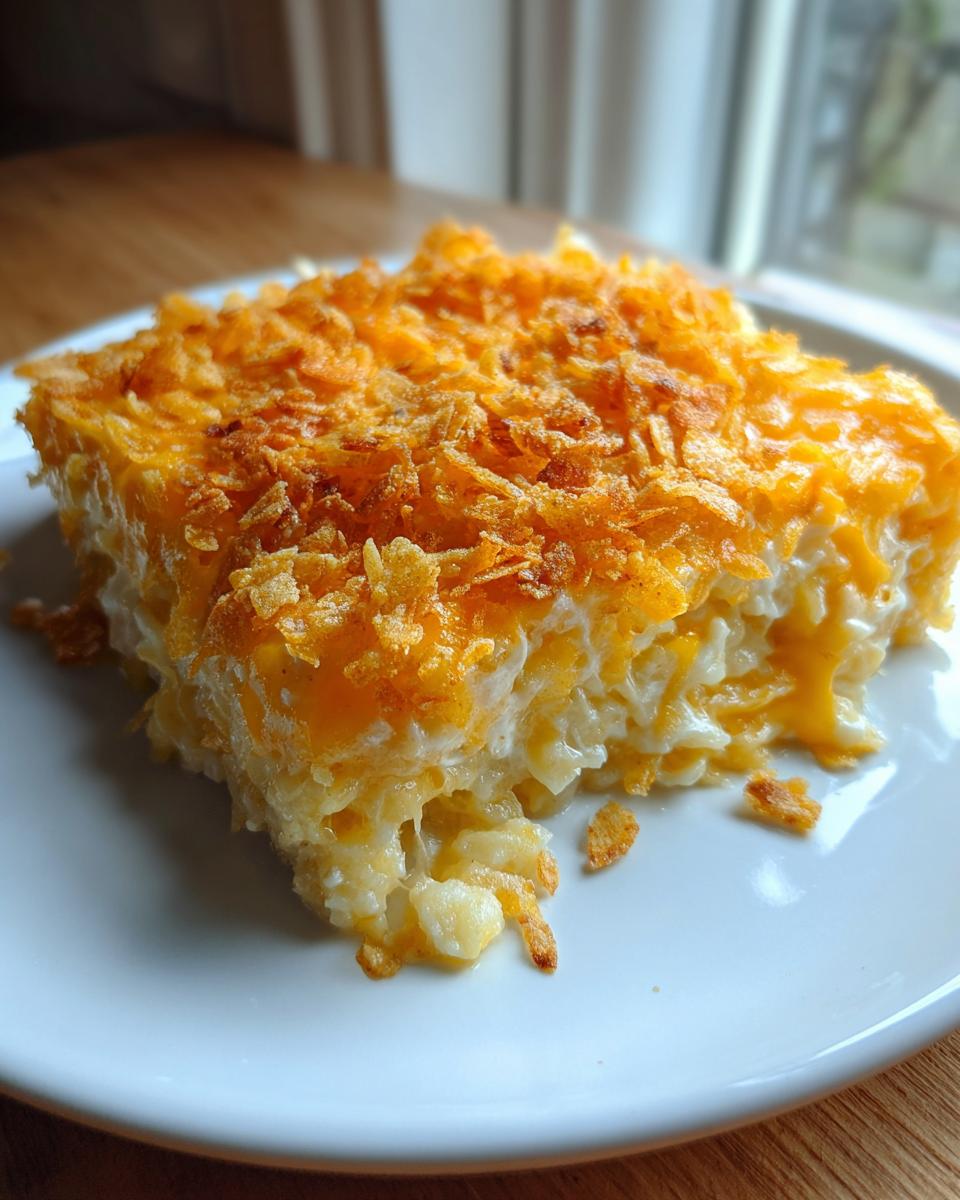 A square serving of creamy, cheesy potato casserole topped with melted cheddar and crispy cornflakes.