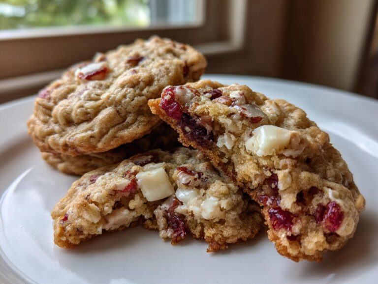 Close-up of soft cranberry oatmeal cookies, one broken open showing white chocolate chunks and dried cranberries.