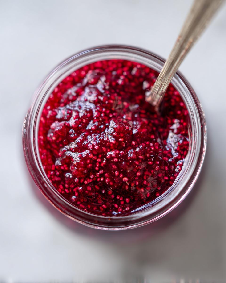 Overhead close-up of vibrant, thick raspberry jam made with chia seeds in a glass jar with a spoon.