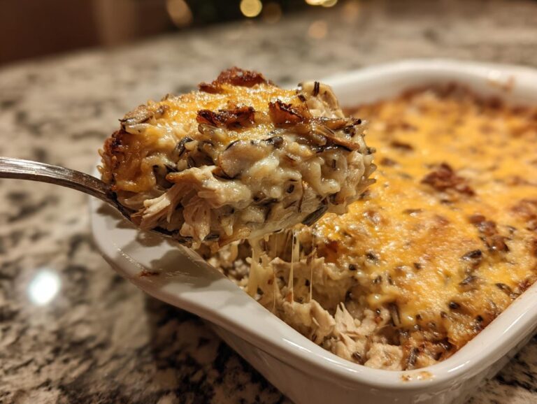 A spoonful of creamy chicken and wild rice bake being lifted from a white casserole dish, showing melted cheese.