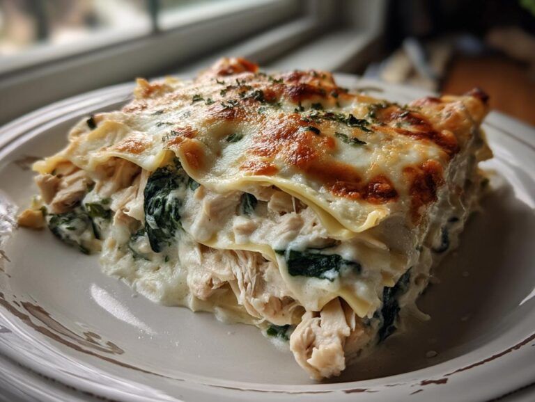 A generous slice of creamy white sauce chicken lasagna layered with spinach and topped with melted, browned cheese.