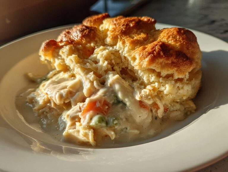 A close-up serving of creamy chicken pot pie casserole topped with a golden, fluffy biscuit.
