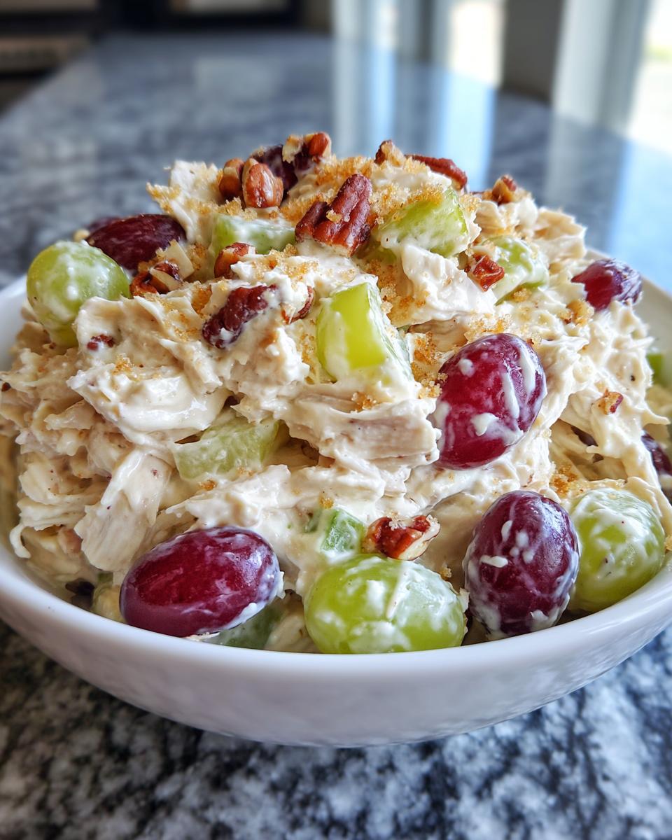 A creamy bowl of chicken salad chick grape salad mixed with red and green grapes and topped with pecans.