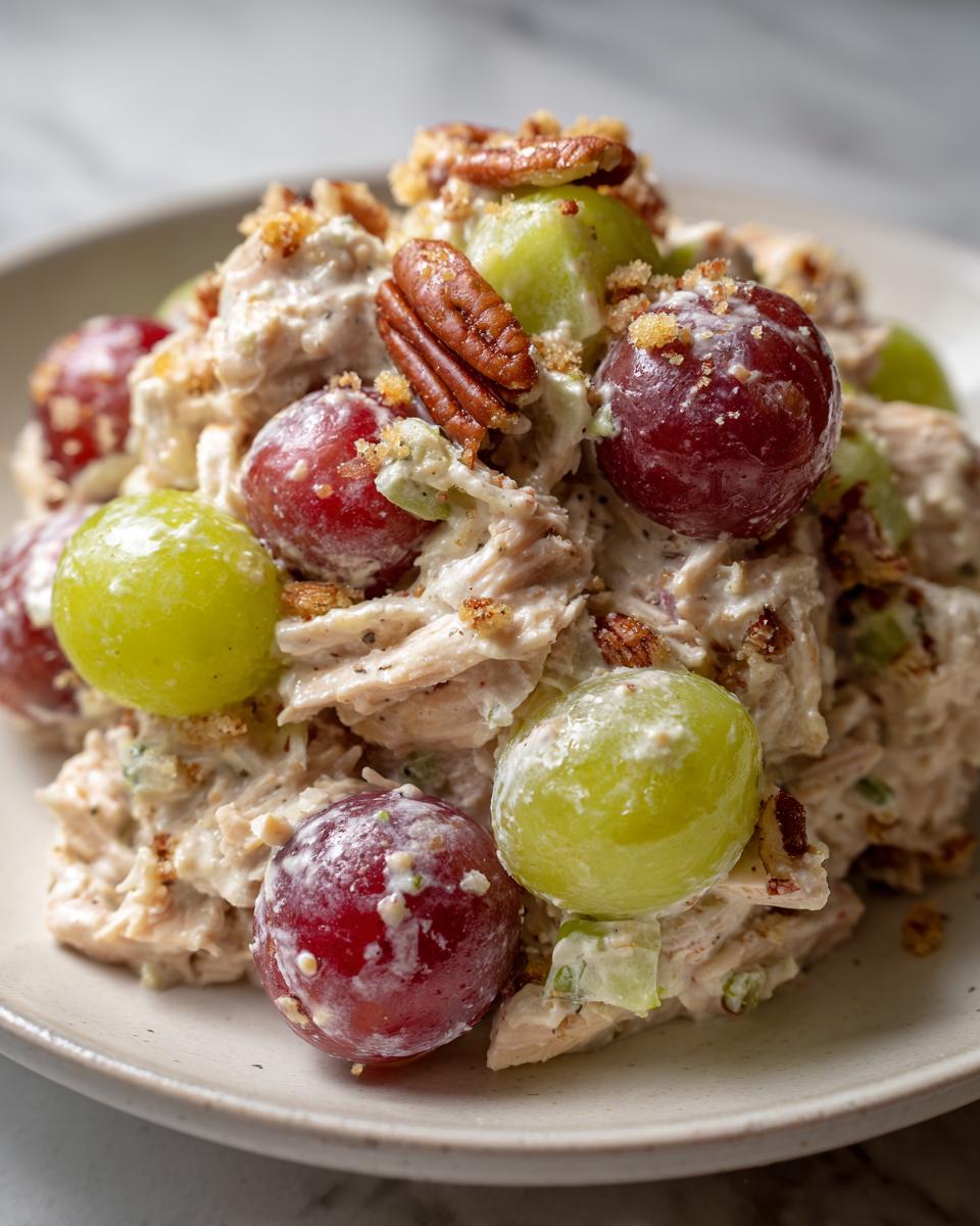 A close-up of creamy chicken salad chick grape salad mixed with red and green grapes and topped with pecans.