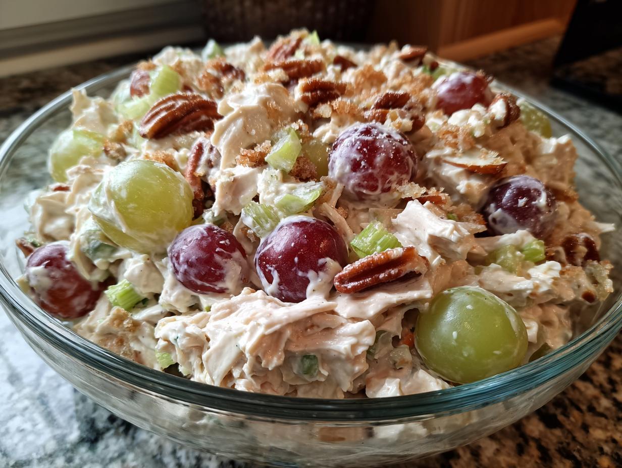 Close-up of creamy chicken salad chick grape salad topped with pecans and celery in a clear glass bowl.