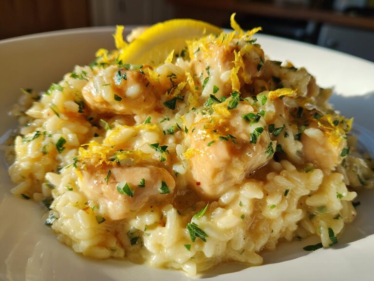 Creamy garlic parmesan rice topped with tender chicken pieces, fresh parsley, lemon zest, and a lemon wedge garnish.