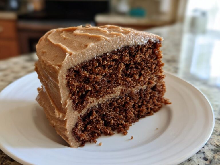 A close-up of a rich, dark slice of applesauce cake layered and topped with light brown frosting.
